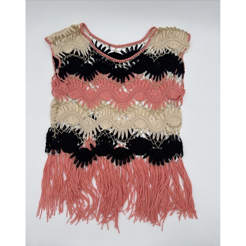 Festival woman's Crochet Open Knit Fringe Sweater Top Swim Cover up S / M - Picture 5 of 7